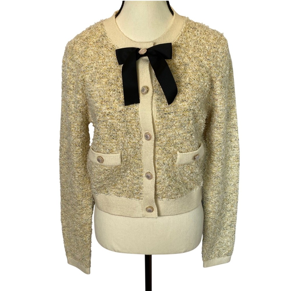 Urban Revivo Tweed Cardigan Women 8 Cream Metallic Bow Boucle Cropped Coquette